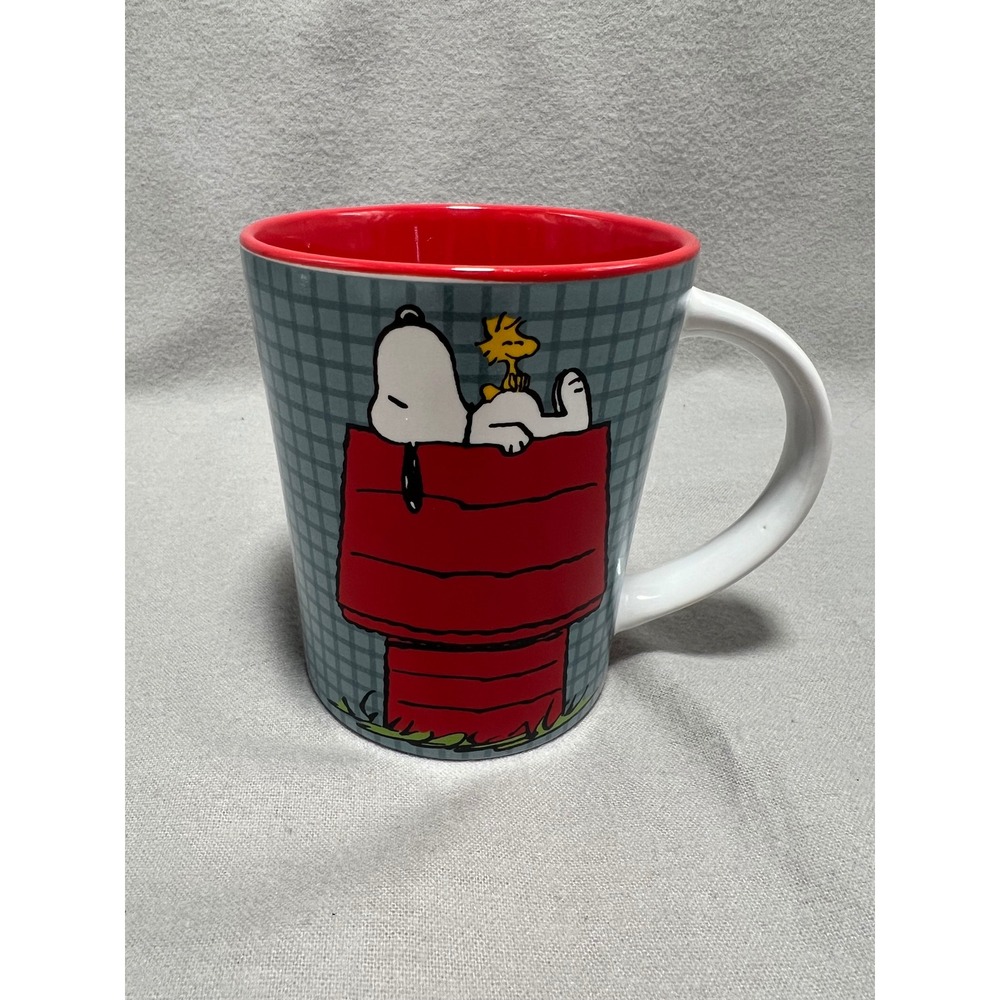 Gibson Overseas Peanuts Coffee Mug Blue Red Snoopy Woodstock Doghouse Plaid 16oz